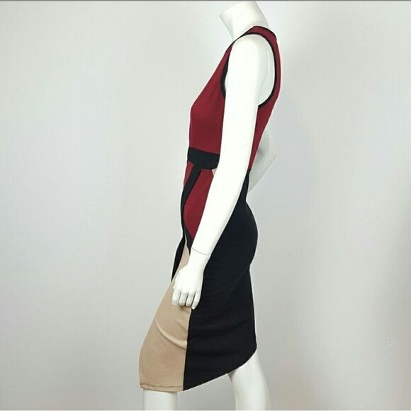 BODYCON MIDI DRESS MULTICOLOR BURGANDY-BLACK- CREAM ASIMETRICAL - Picture 2 of 5